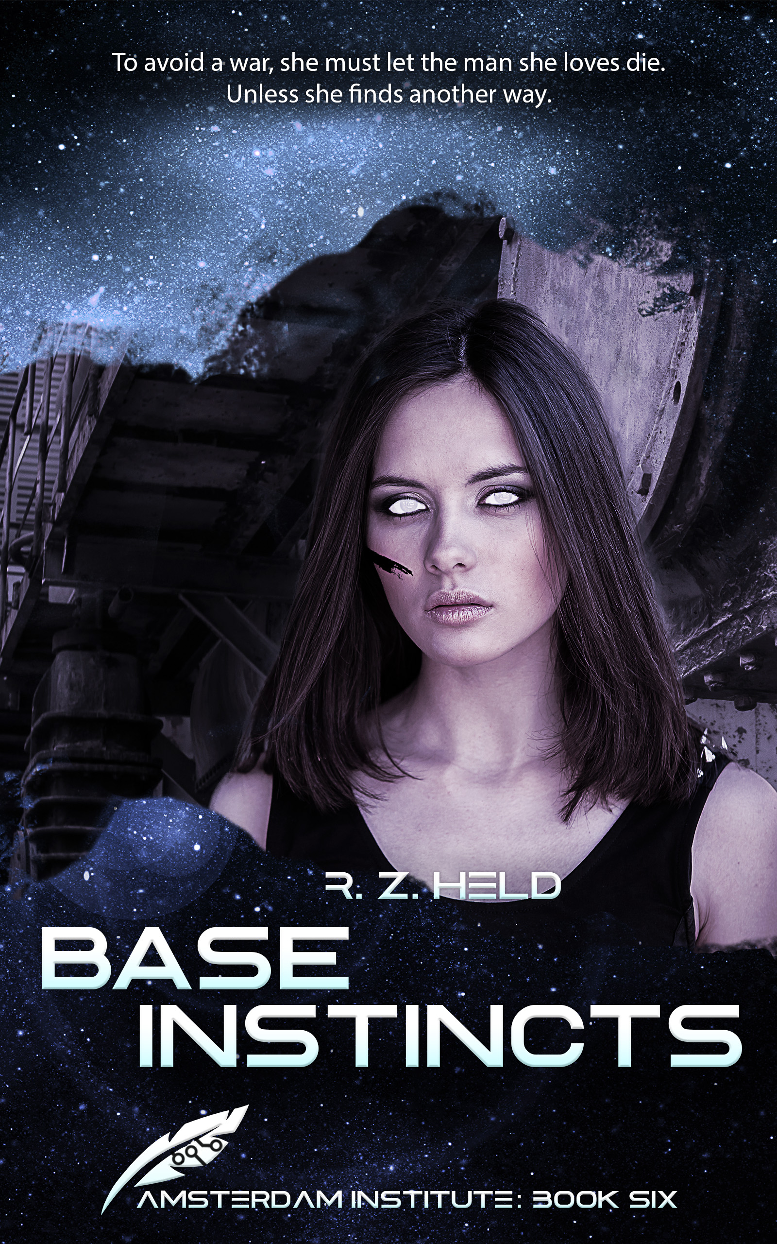 A book cover with a woman with white eyes on a background of stars and machinery